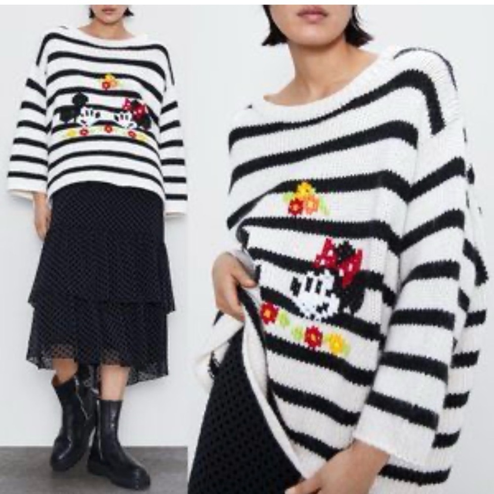 Zara Black & White Striped Sweater, Mickey and Minnie Mouse Graphic and Red Bow